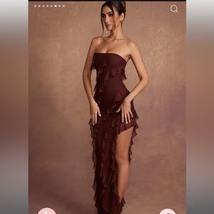 Bandeau Ruffle Detail Maxi Dress in Brown